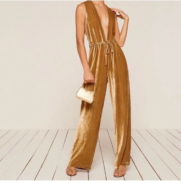 Reformation Pants - Reformation Gold Holland Velvet Deep V Neck Wide Leg Jumpsuit Sleeveless Size S